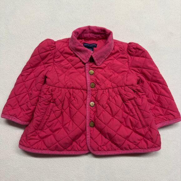Ralph Lauren Quilted Corduroy Trim Jacket‎ Baby Girls 12M Pink Embroidered Pony - Picture 1 of 7